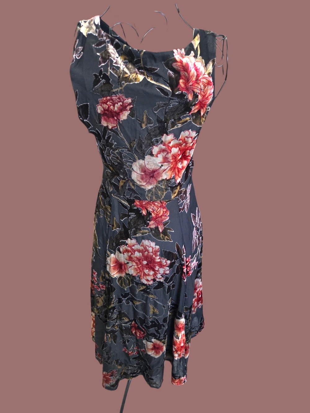 Floral Sleeveless A-Line Dress - Black with Pink Floral